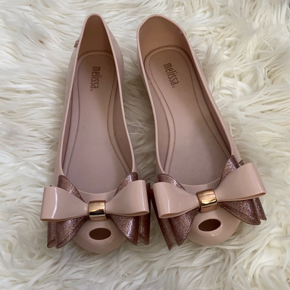 🎀MELISSA🎀 Light pink barbie glitter jelly bow flats jellies